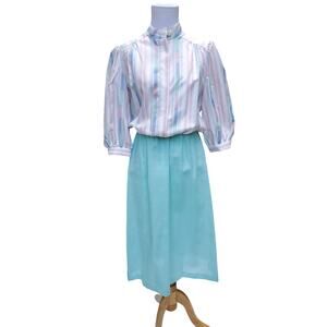 Vintage 1970s Shirt Dress Pastel Stripe Top Solid Skirt High Neck Sz 16 Fits a M